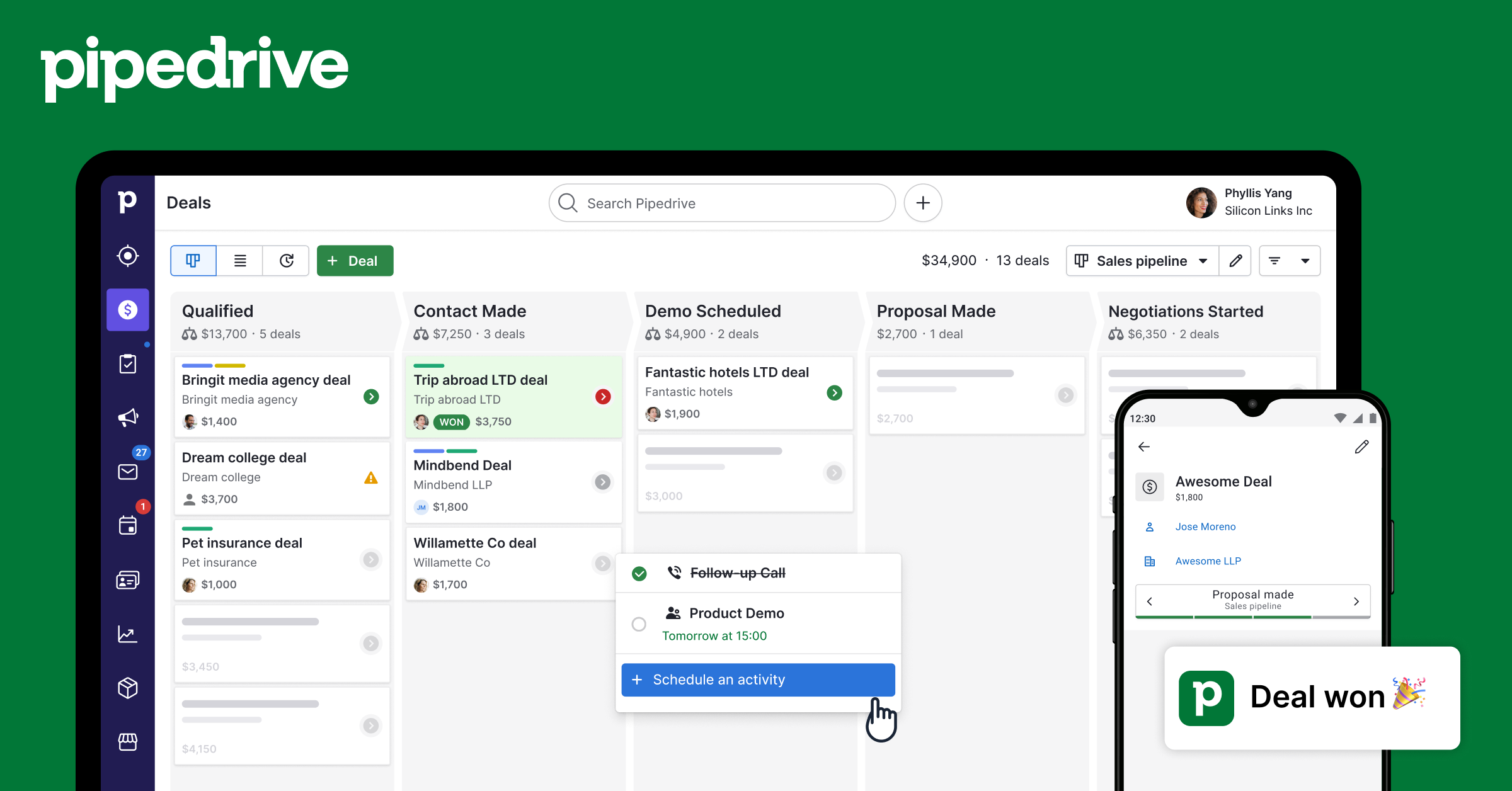 Interface do Pipedrive: funil de vendas e pipeline